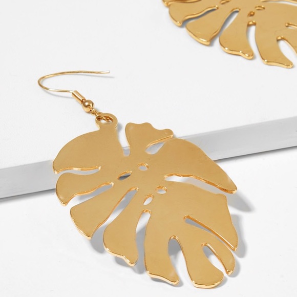 Monstera Leaf Goldtone French Wire Earrings - Picture 3 of 7